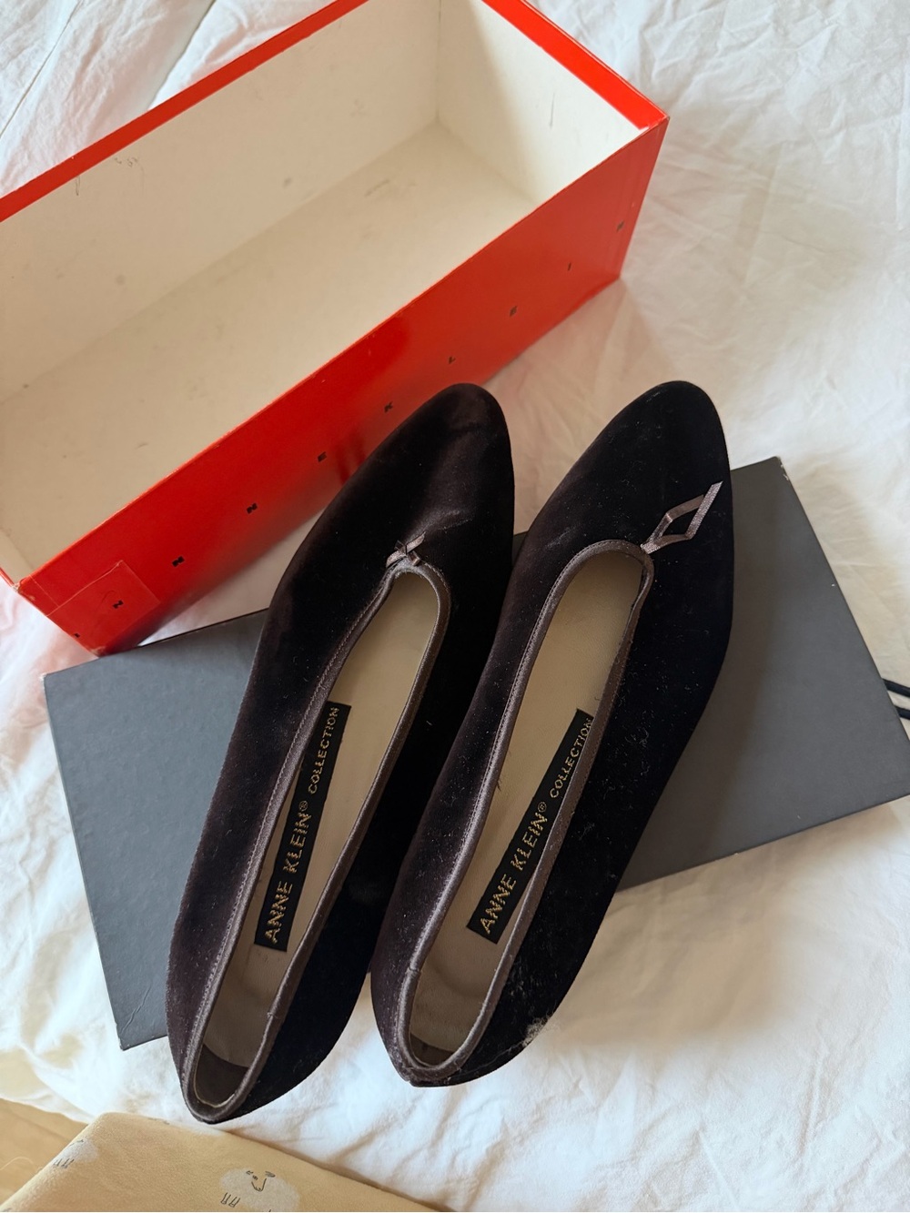 Anne Klein Black Velvet Pointed Flats with Silver Logo